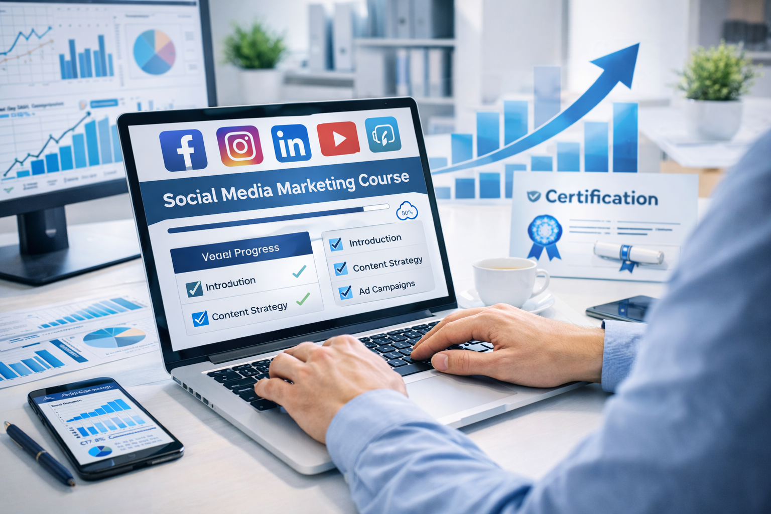 Social Media Marketing course training showing student learning, analytics dashboard, and career growth