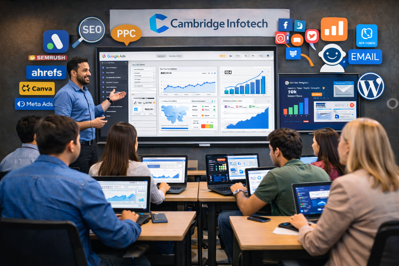 Digital marketing course training at Cambridge Infotech with students learning Google Ads, GA4, SEO, and social media marketing tools