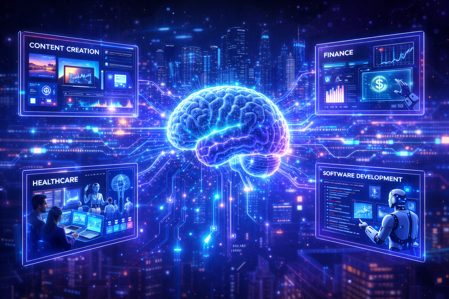 Generative AI Use Cases in 2026 in a futuristic workspace with AI models, coding, and creative collaboration