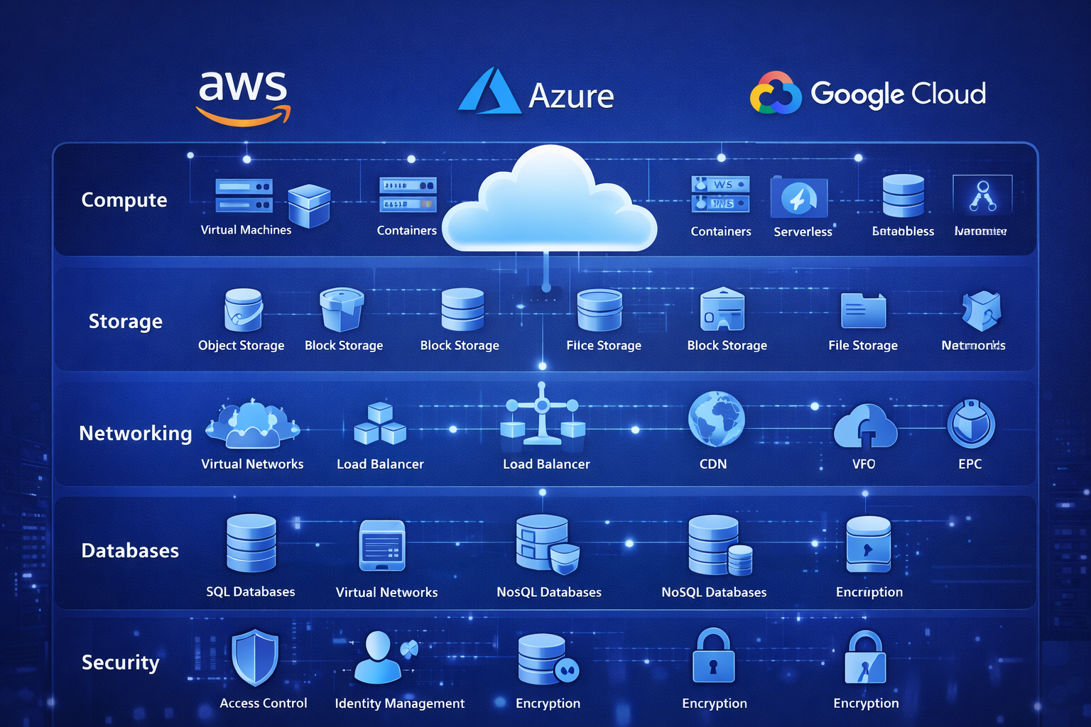 AWS Azure Google Cloud architecture diagram showing compute storage and networking services