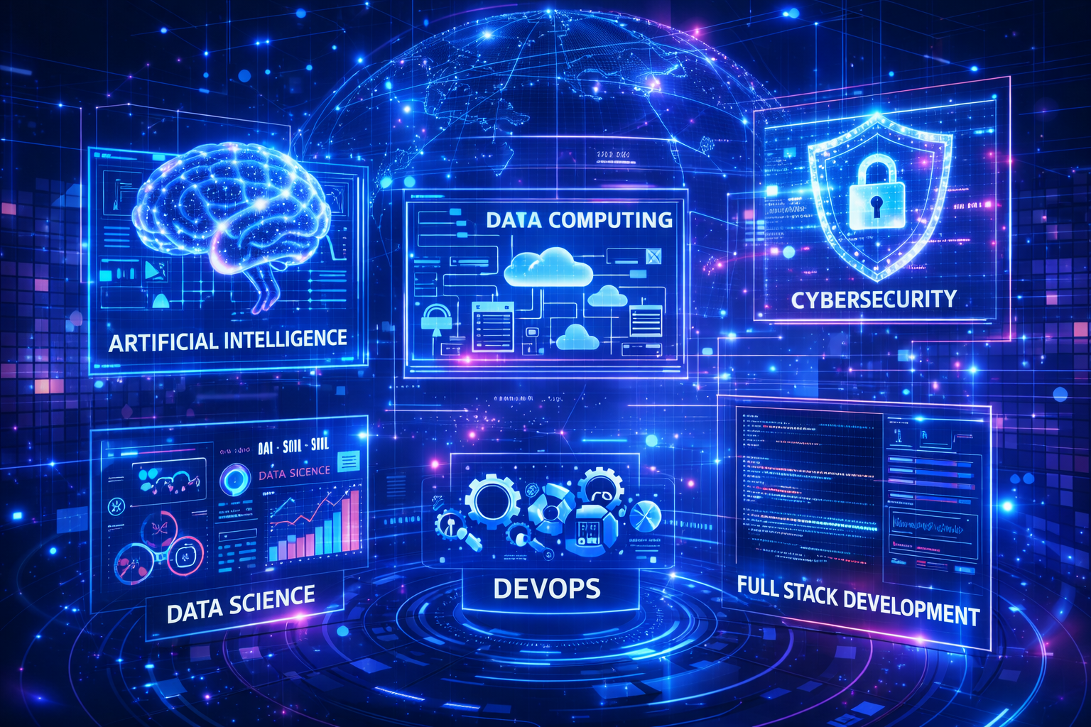 Core upcoming IT skills in 2026 including artificial intelligence, data science, cloud computing, cybersecurity, and full stack development