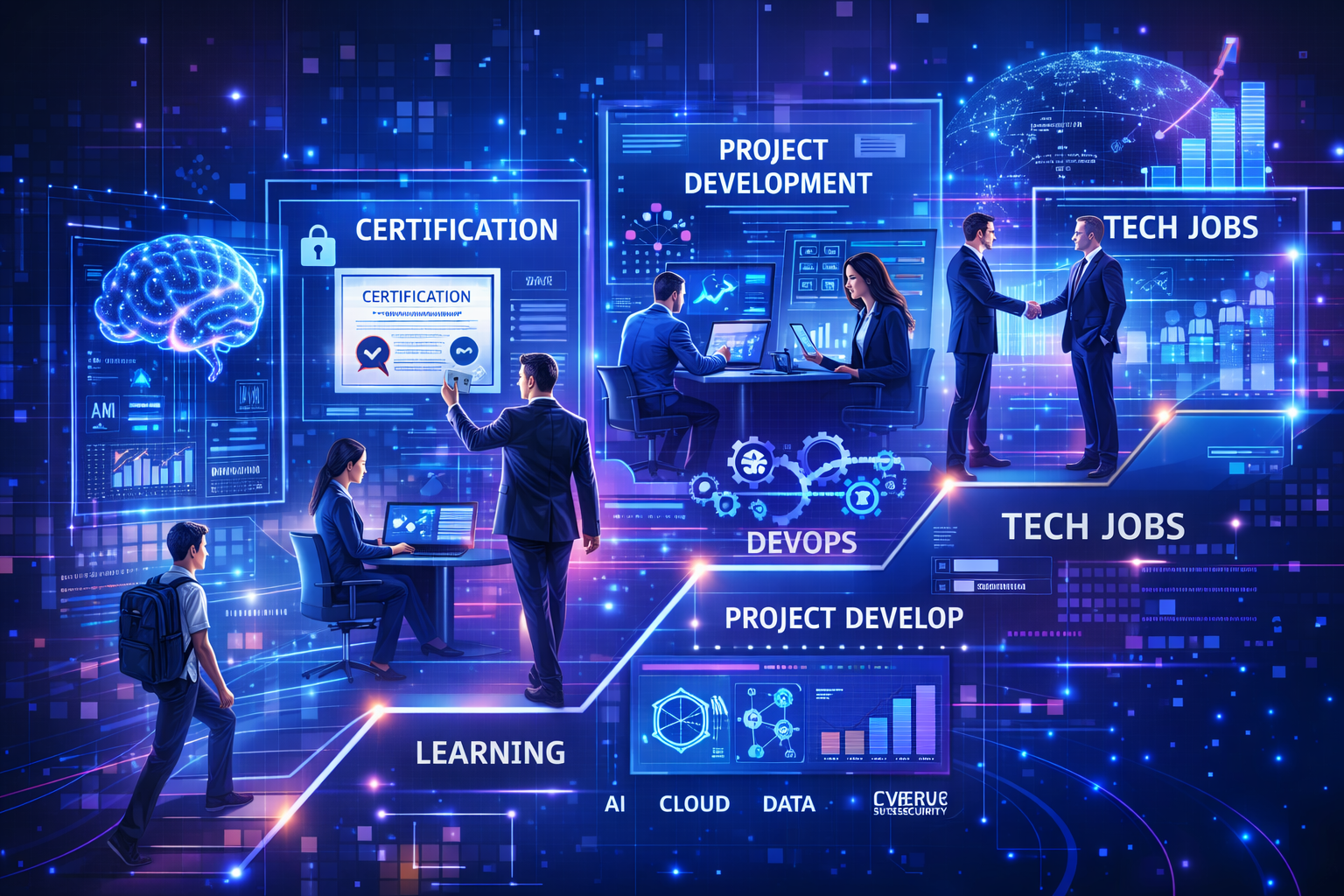 Career roadmap for upcoming IT skills in 2026 showing learning paths, certifications, projects, and future technology jobs