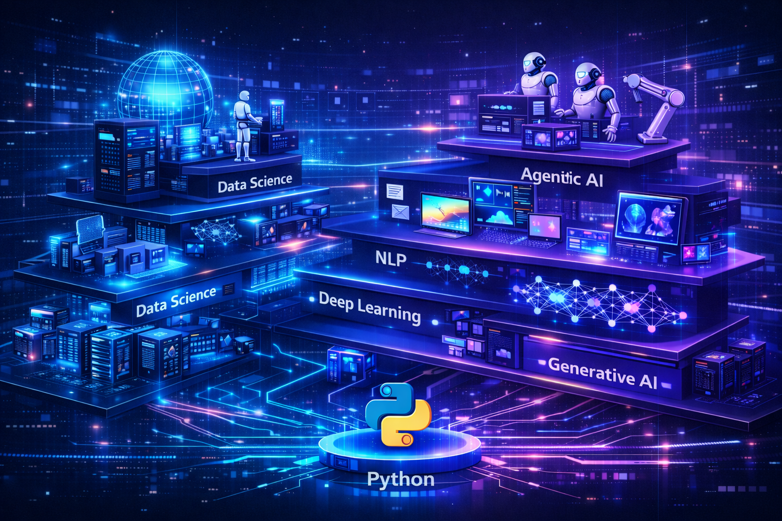 Enterprise AI Stack of 2026 illustrating Python, Data Science, ML, Deep Learning, NLP, Generative AI and Agentic AI systems