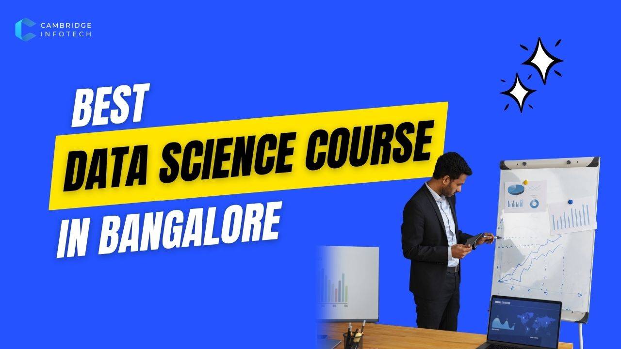 Data Science Course in Bangalore featured image showing professional training, AI and analytics graphics, placement support, and certification details