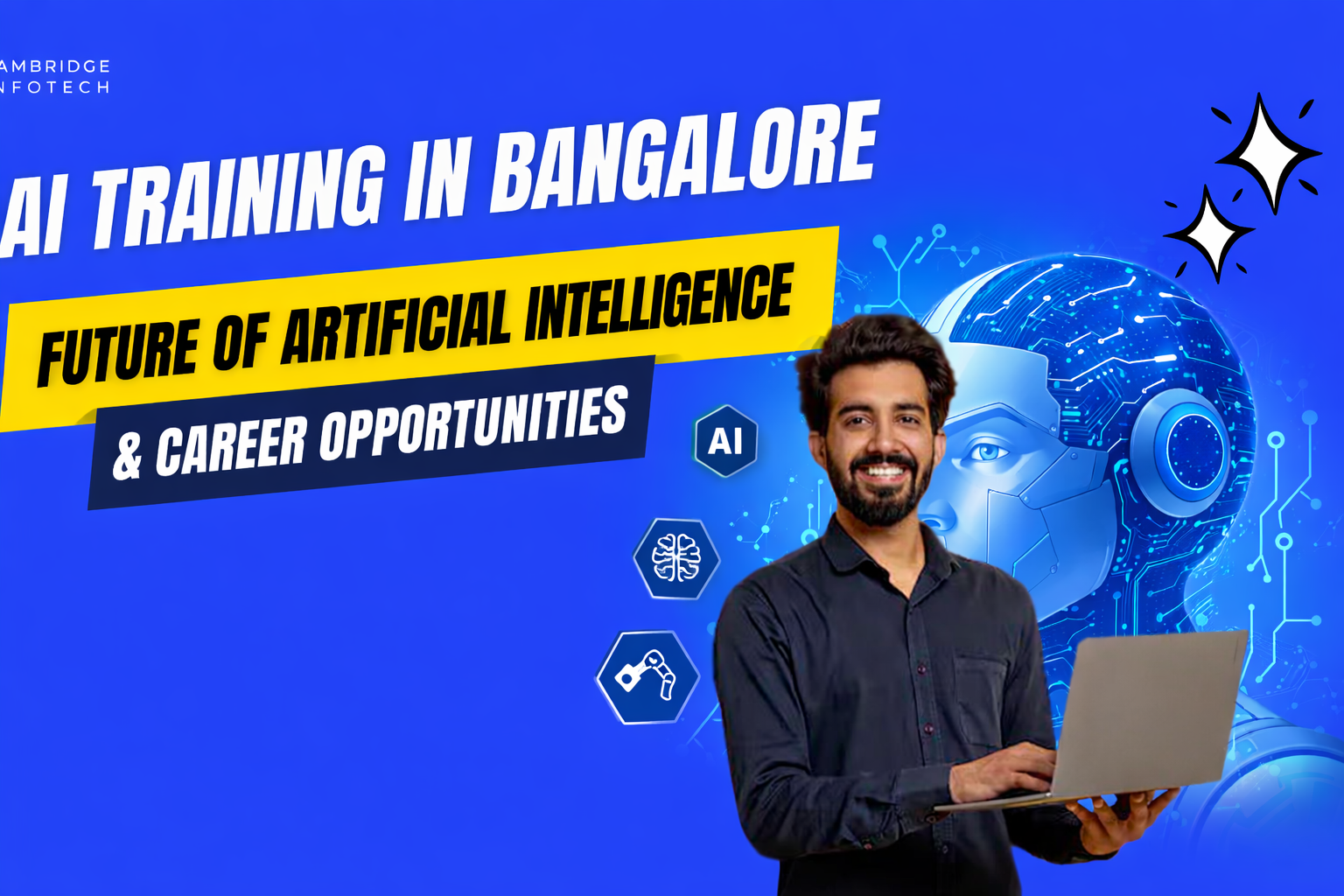 Smiling professional holding laptop with banner text AI Training in Bangalore – Future of Artificial Intelligence and Career Opportunities, modern blue technology background