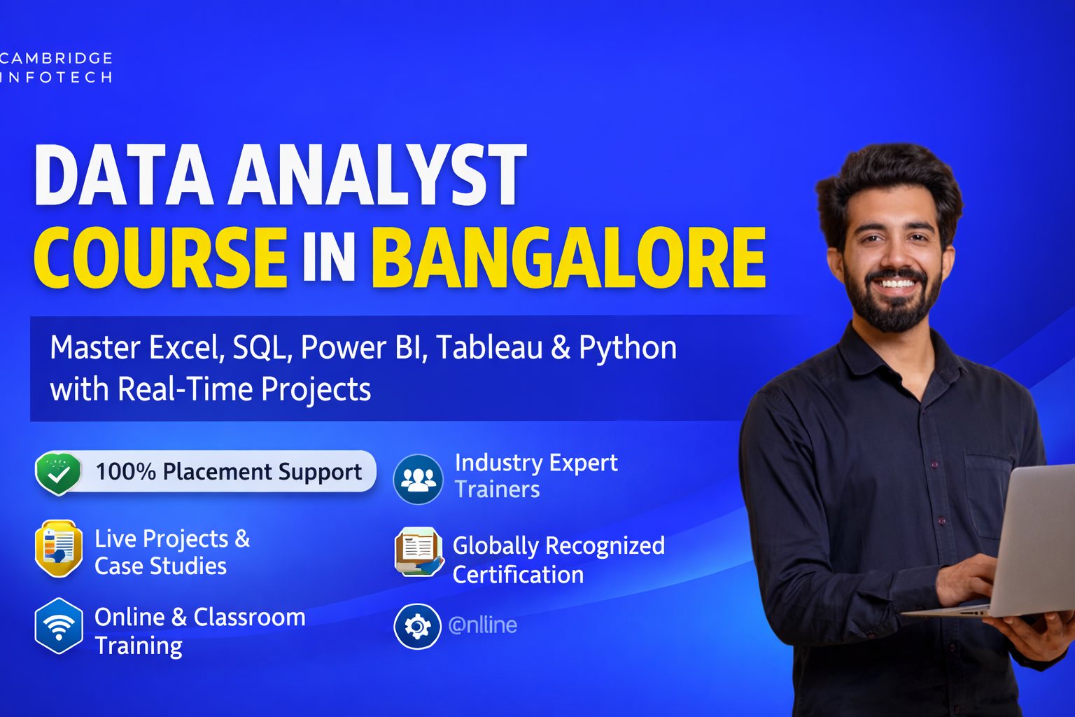 Data Analyst Course in Bangalore – professional training program banner showing Excel, SQL, Power BI, Tableau and Python skills with placement support and certification