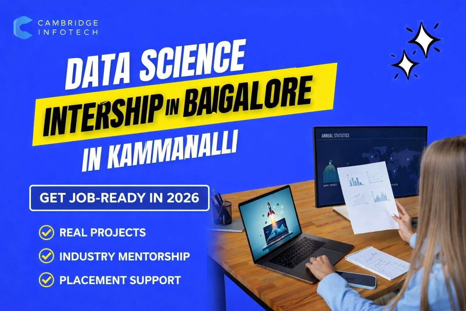 Data science internship in Bangalore at Cambridge Infotech with student working on laptop