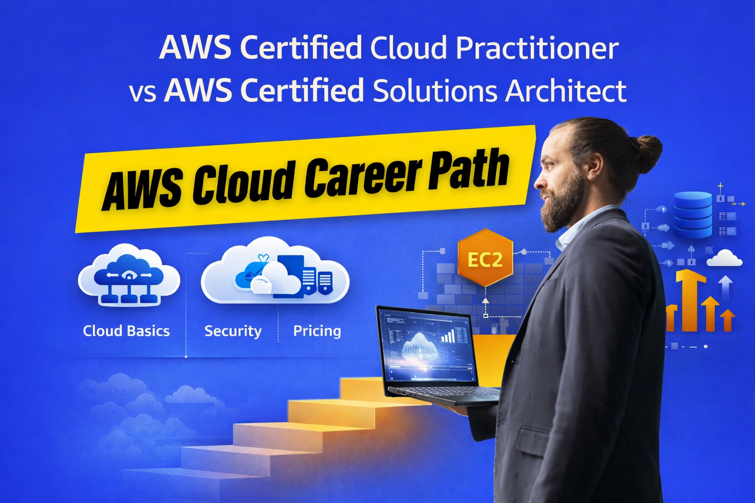 Featured image comparing AWS Certified Cloud Practitioner vs AWS Certified Solutions Architect with professional holding laptop and AWS cloud career graphics