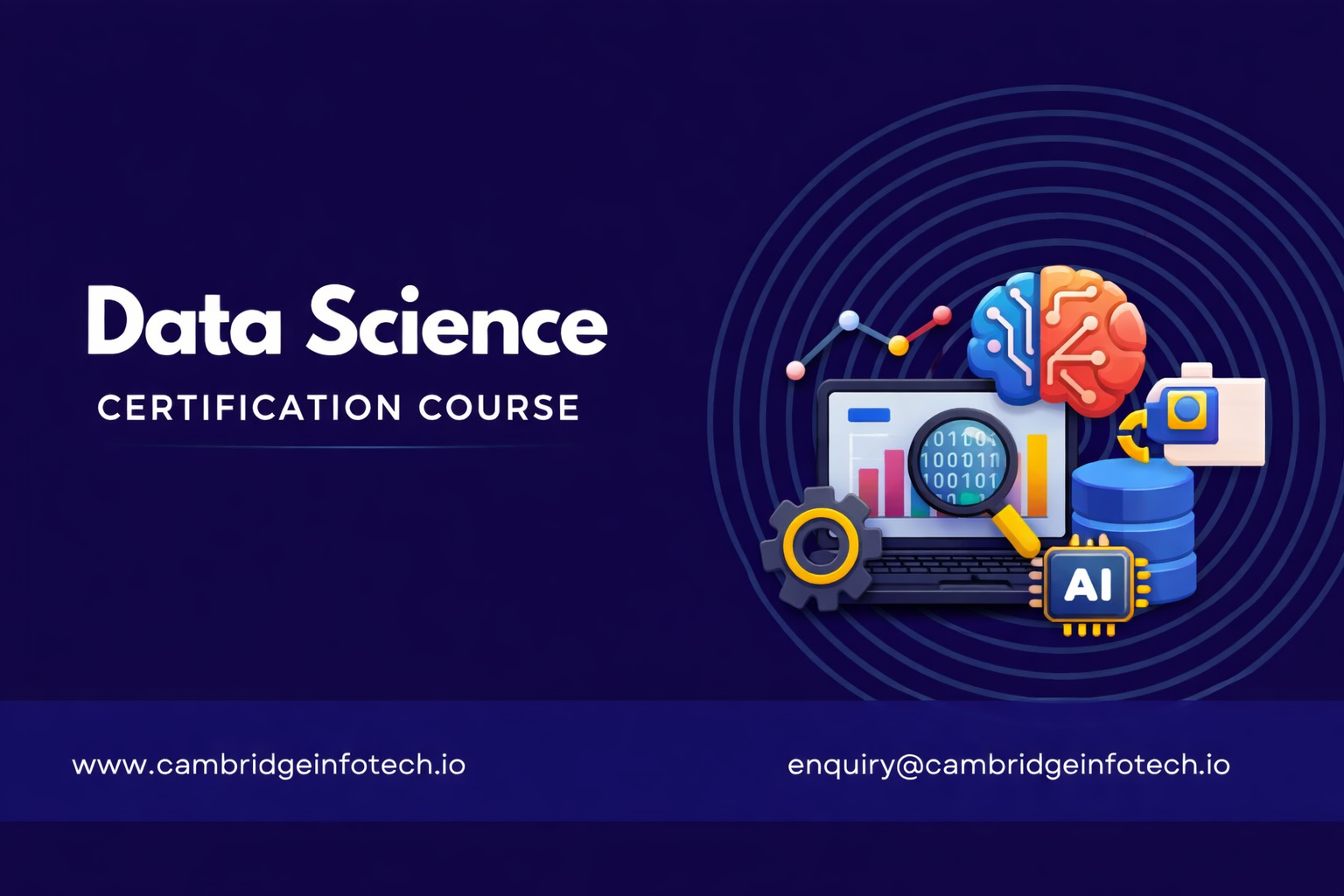 Data Science Certification Course in Bangalore – Cambridge Infotech training program banner with data science icons