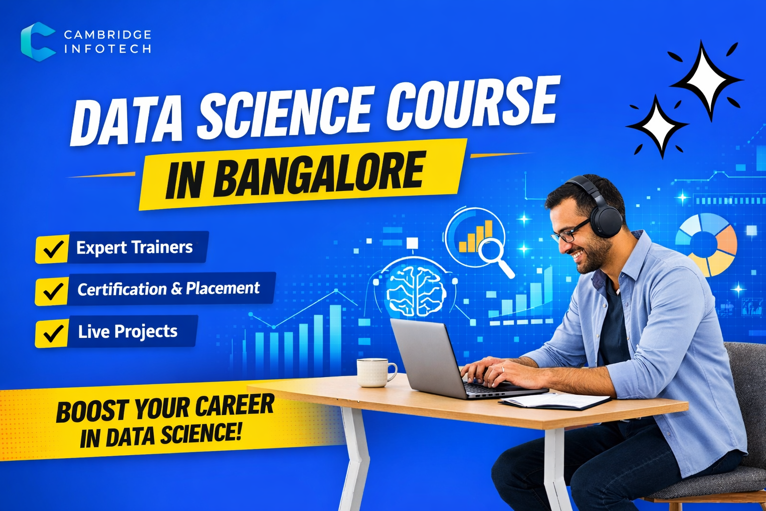 Data Science Course in Bangalore featured image showing professional training, AI and analytics graphics, placement support, and certification details