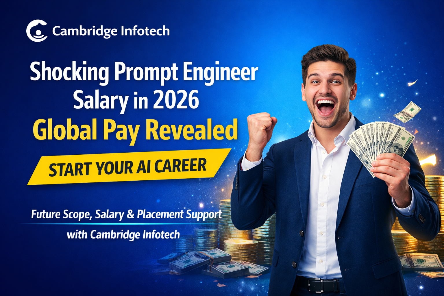 Shocking Prompt Engineer Salary in 2026 Global Pay Revealed banner with professional man holding money and Cambridge Infotech AI career promotion