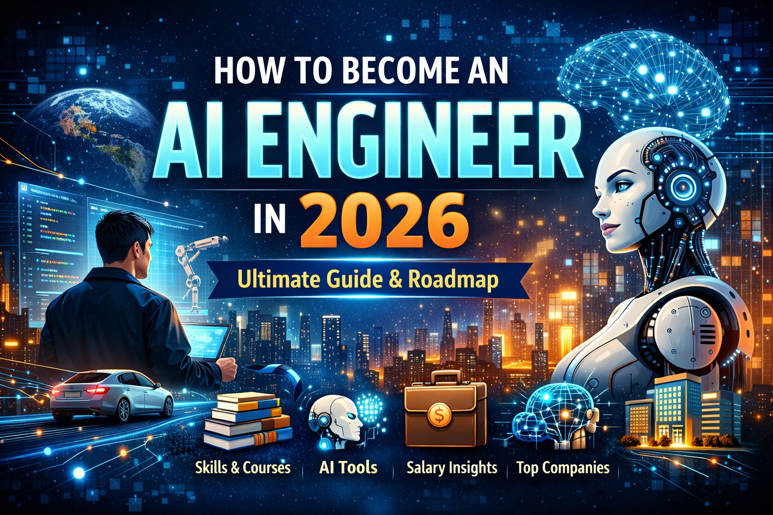 Illustration showing how to become an AI engineer in 2026 with AI tools, skills, salary insights, and top companies hiring AI engineers.