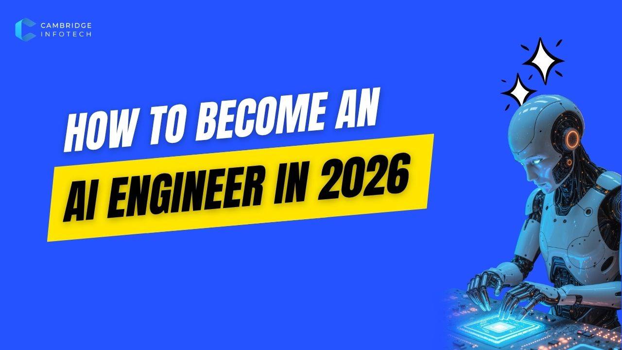 Illustration showing how to become an AI engineer in 2026 with AI tools, skills, salary insights, and top companies hiring AI engineers.