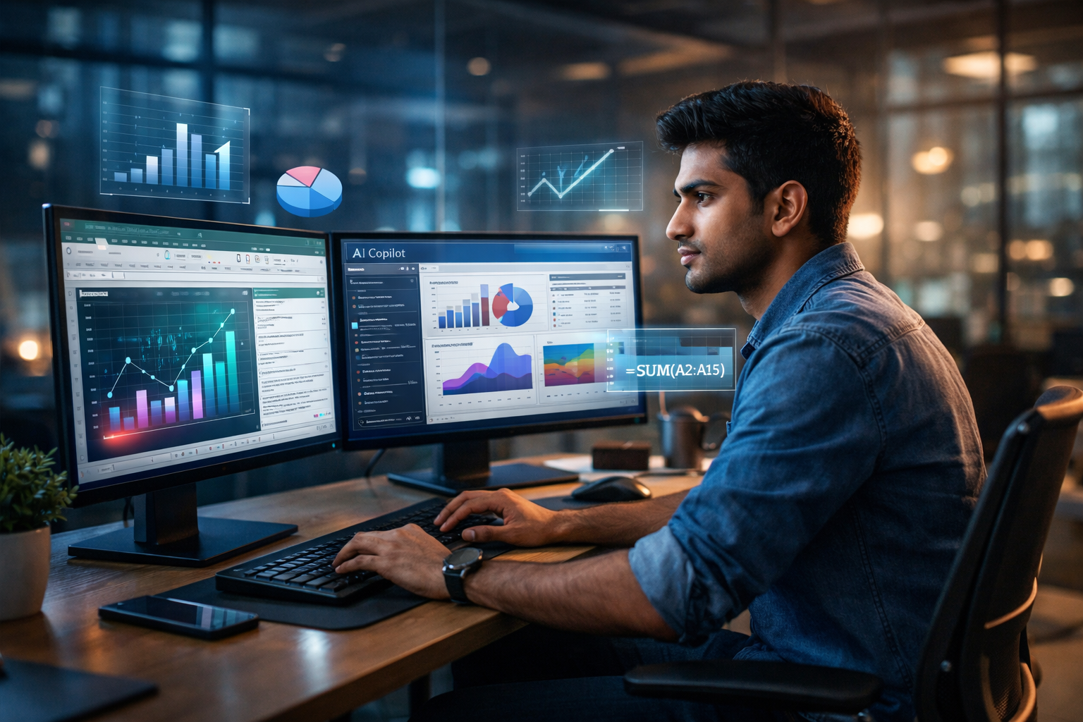 AI-powered Excel with Copilot showing smart data analysis and automation in a modern workspace