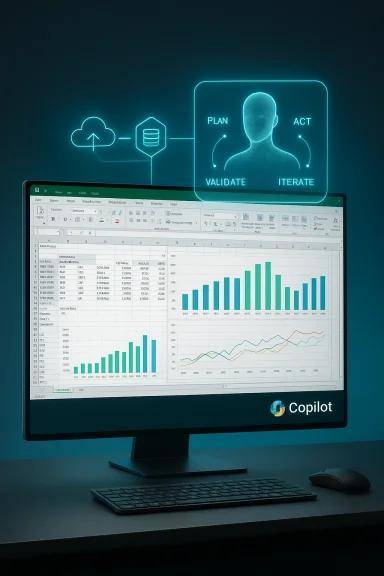 AI-powered Microsoft Excel with Copilot showing automated dashboards, data analysis, and futuristic business insights