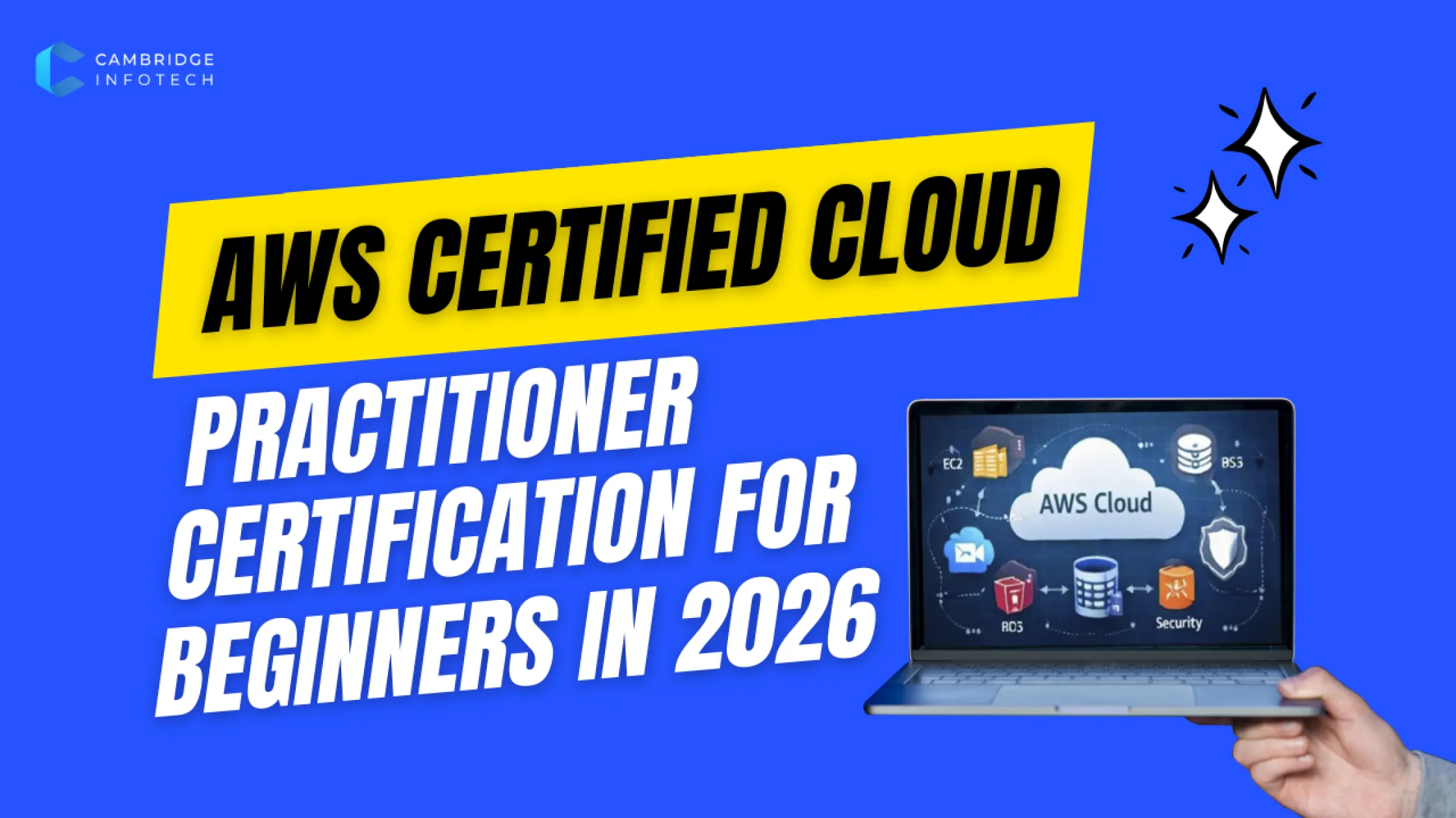 Student preparing for AWS Certified Cloud Practitioner Certification using laptop and cloud learning materials