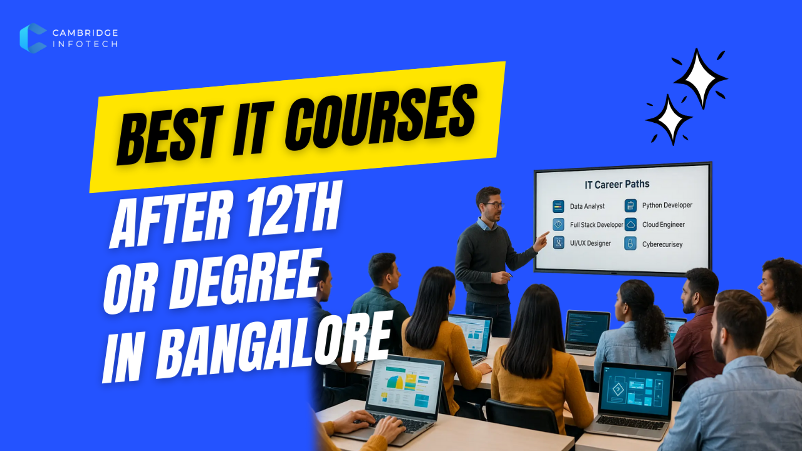 Students learning various IT courses after 12th or degree at a modern training institute in Bangalore, representing the best IT courses for freshers in 2026.