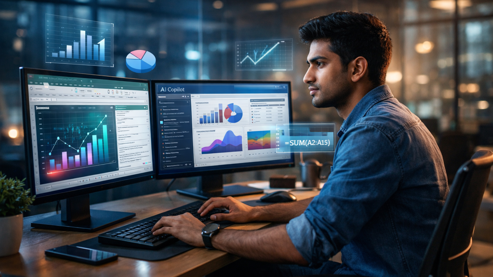 AI-powered Excel with Copilot showing smart data analysis and automation in a modern workspace