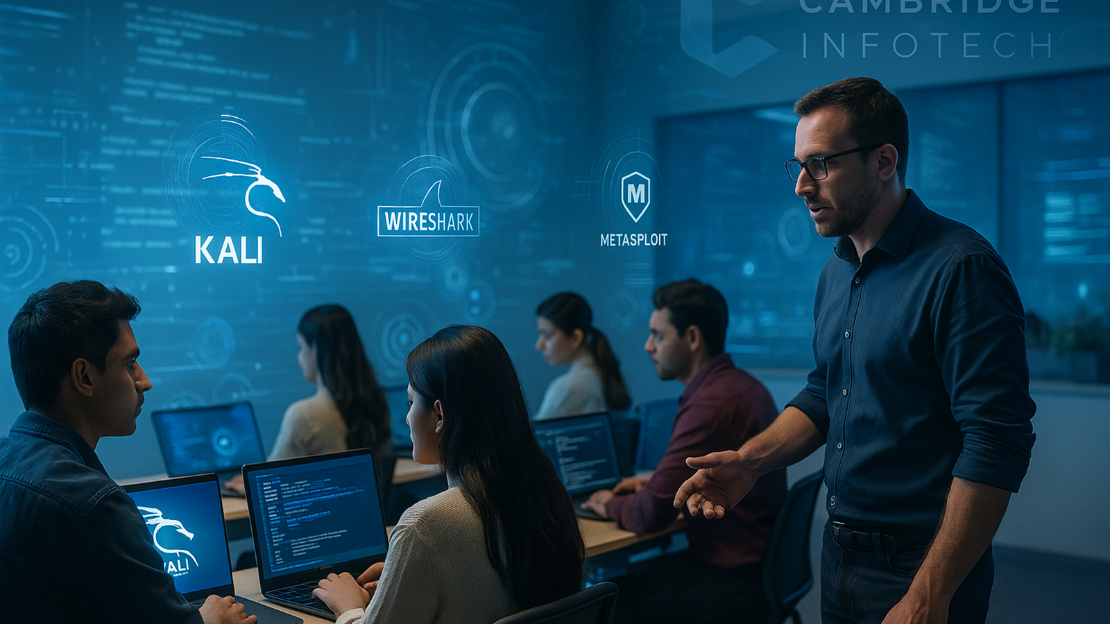 Students learning cybersecurity course in Banaswadi classroom with Kali Linux, Wireshark, Metasploit, and Nmap on laptops.