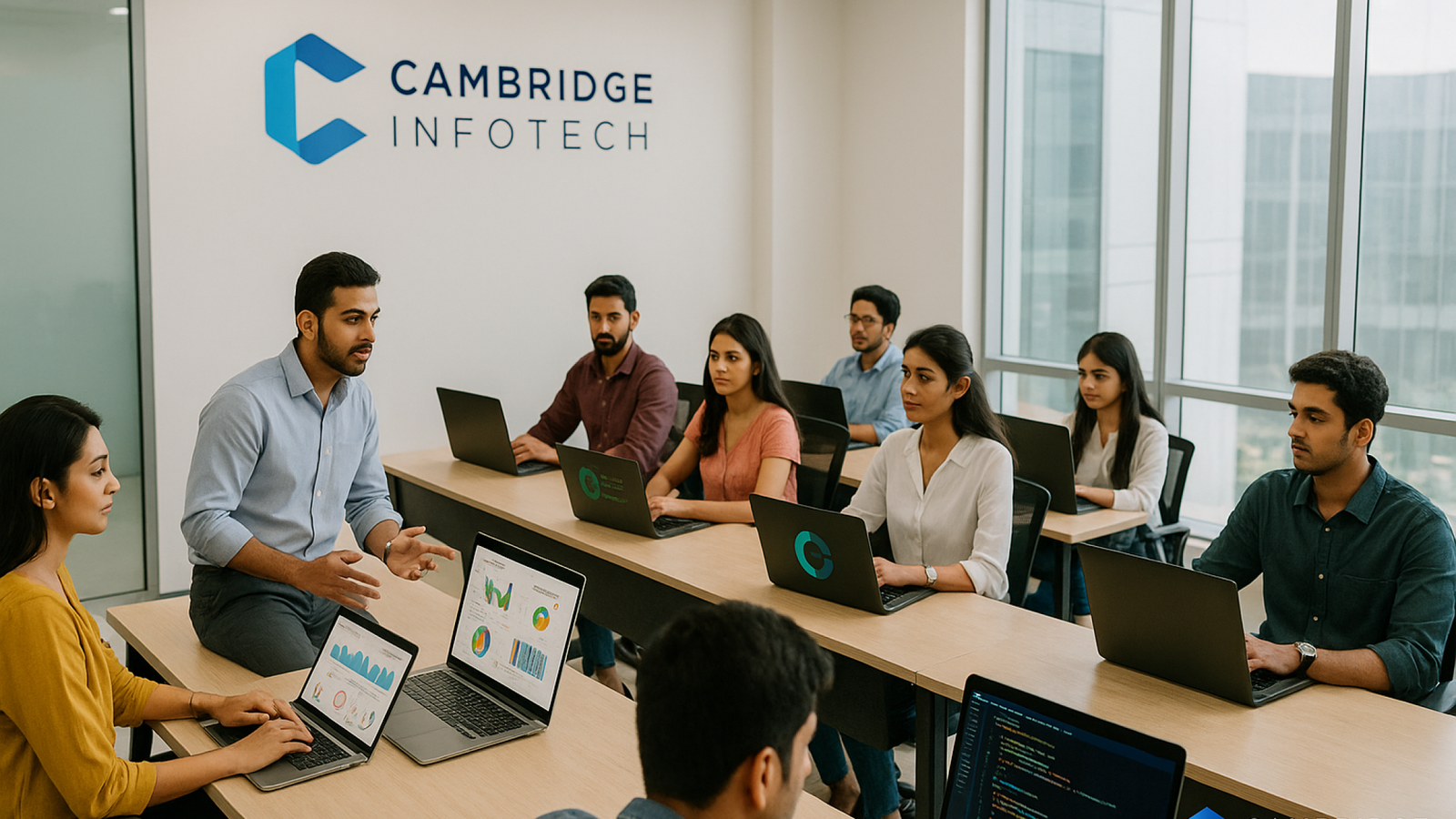 Students learning digital skills in a modern Bangalore classroom at Cambridge Infotech — representing the best short term job courses near Kalyan Nagar and Kammanahalli.