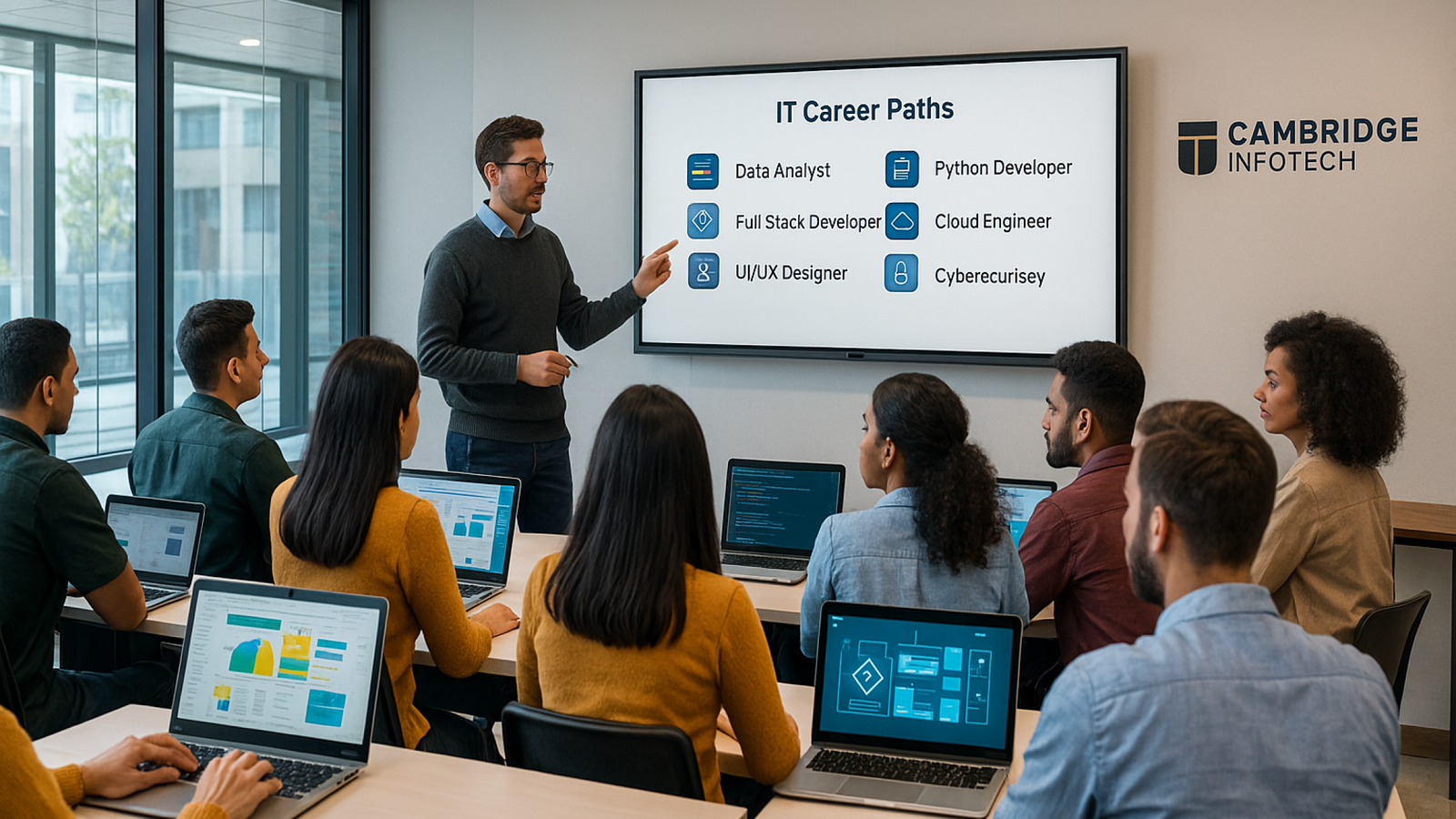 Students learning various IT courses after 12th or degree at a modern training institute in Bangalore, representing the best IT courses for freshers in 2026.