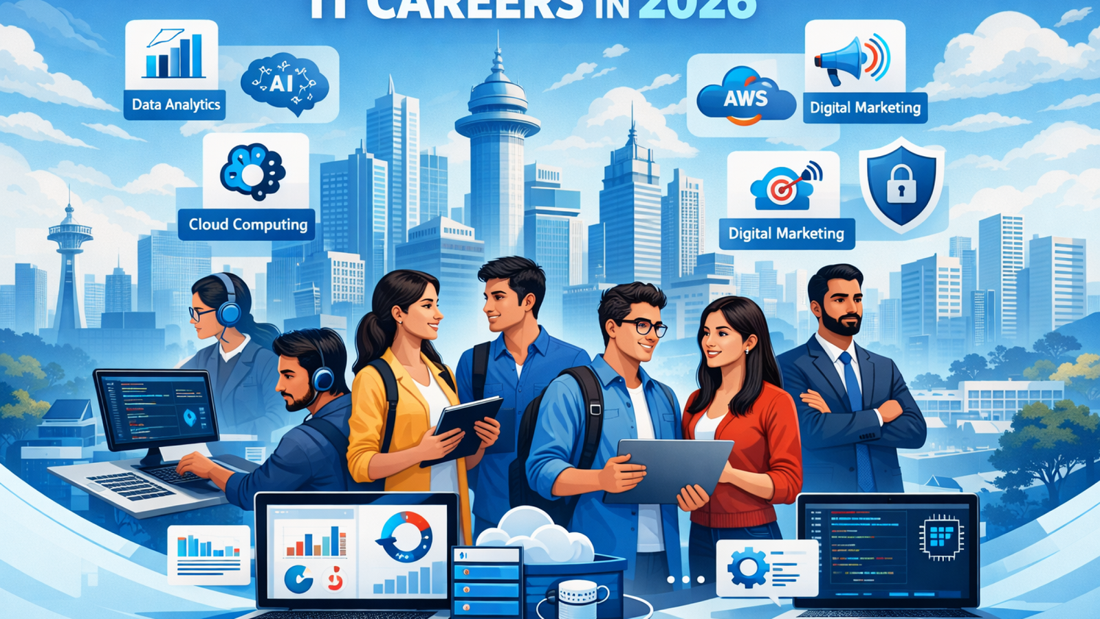 IT careers in 2026 showing job-oriented skills like data analytics, cloud computing, digital marketing, full stack development, and cybersecurity
