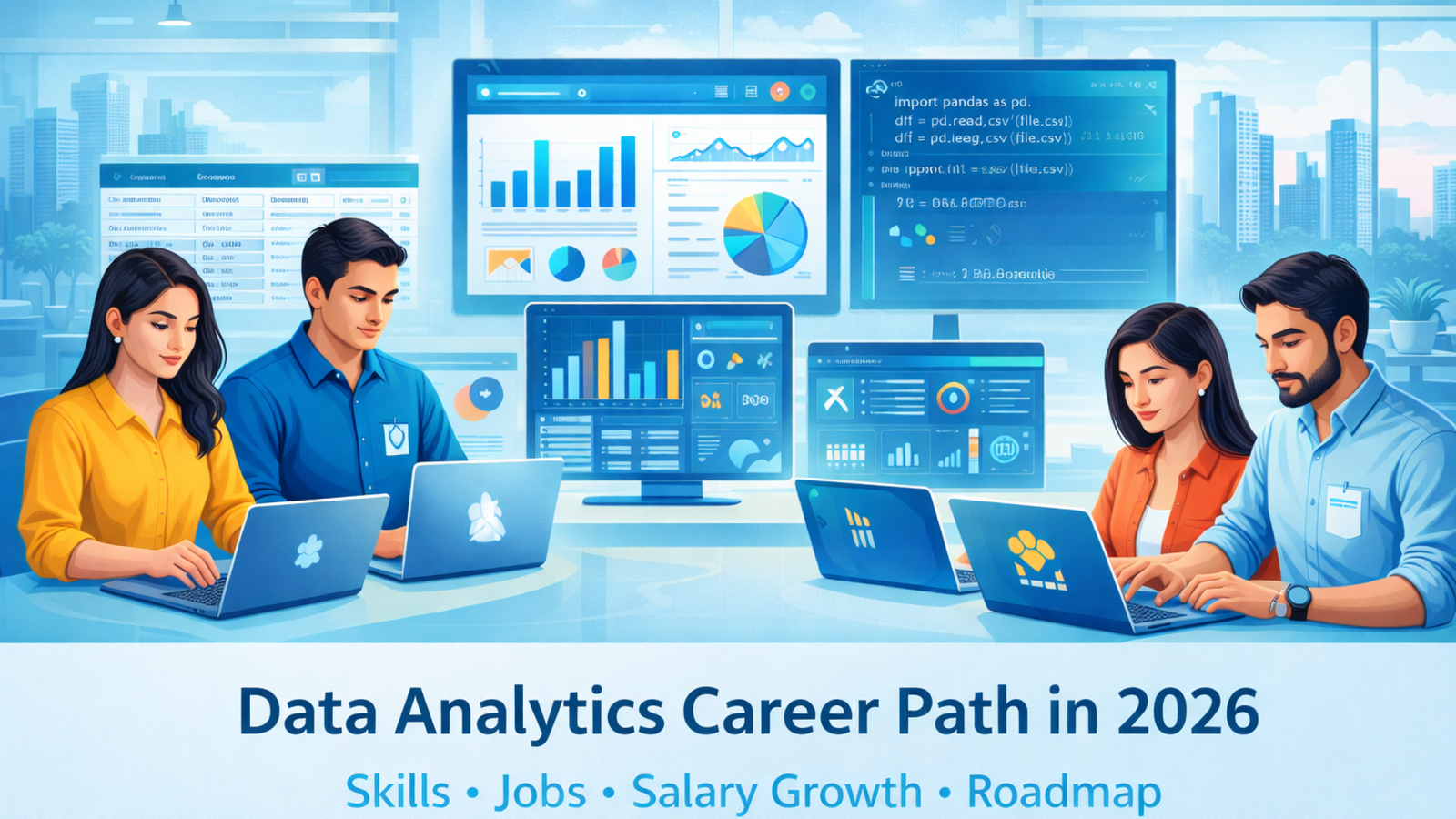 Data Analytics Career Path in 2026 showing skills, jobs, salary growth, and roadmap for freshers