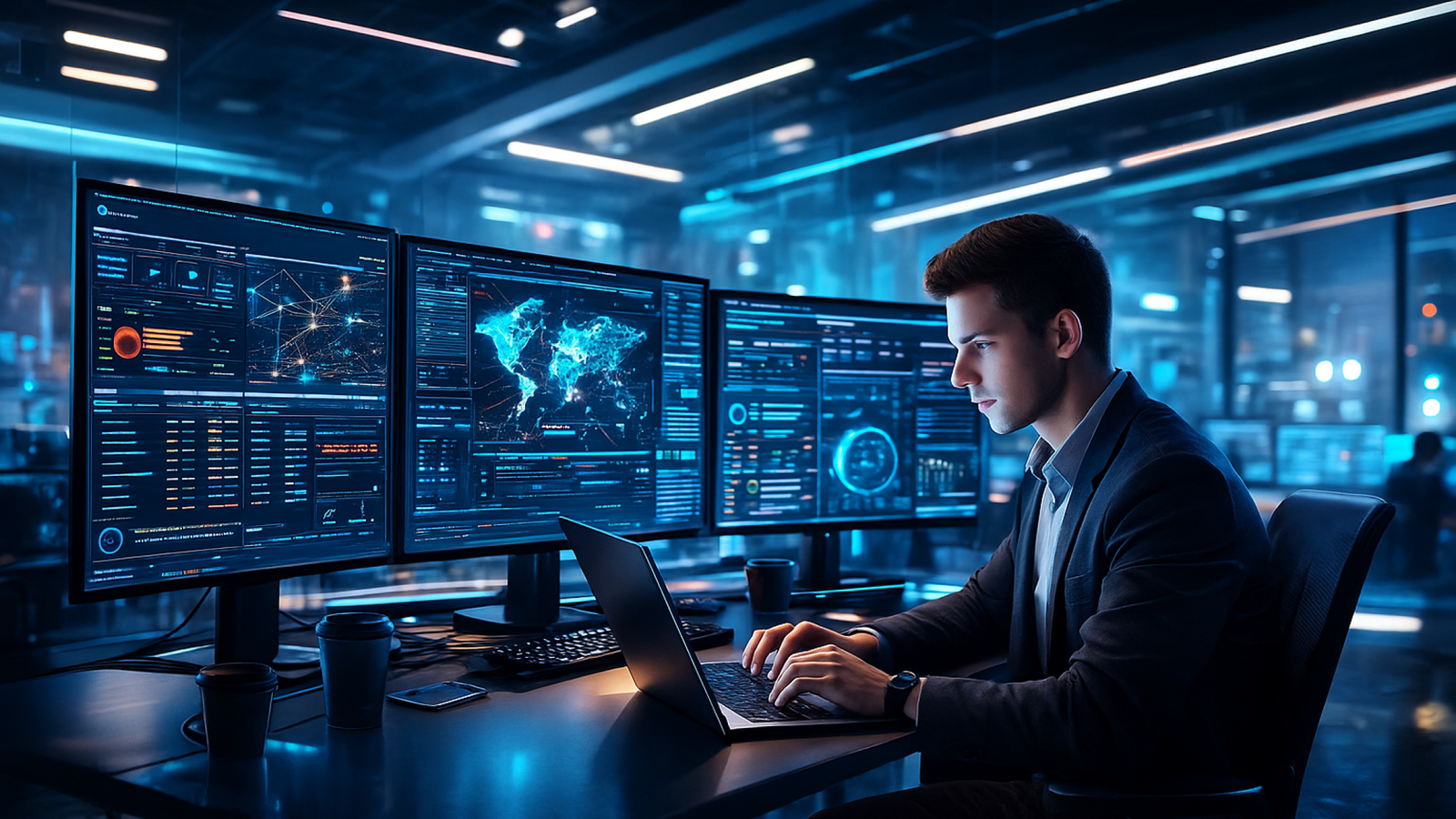 Cybersecurity fresher working in a high-tech SOC center with SIEM dashboards in 2026