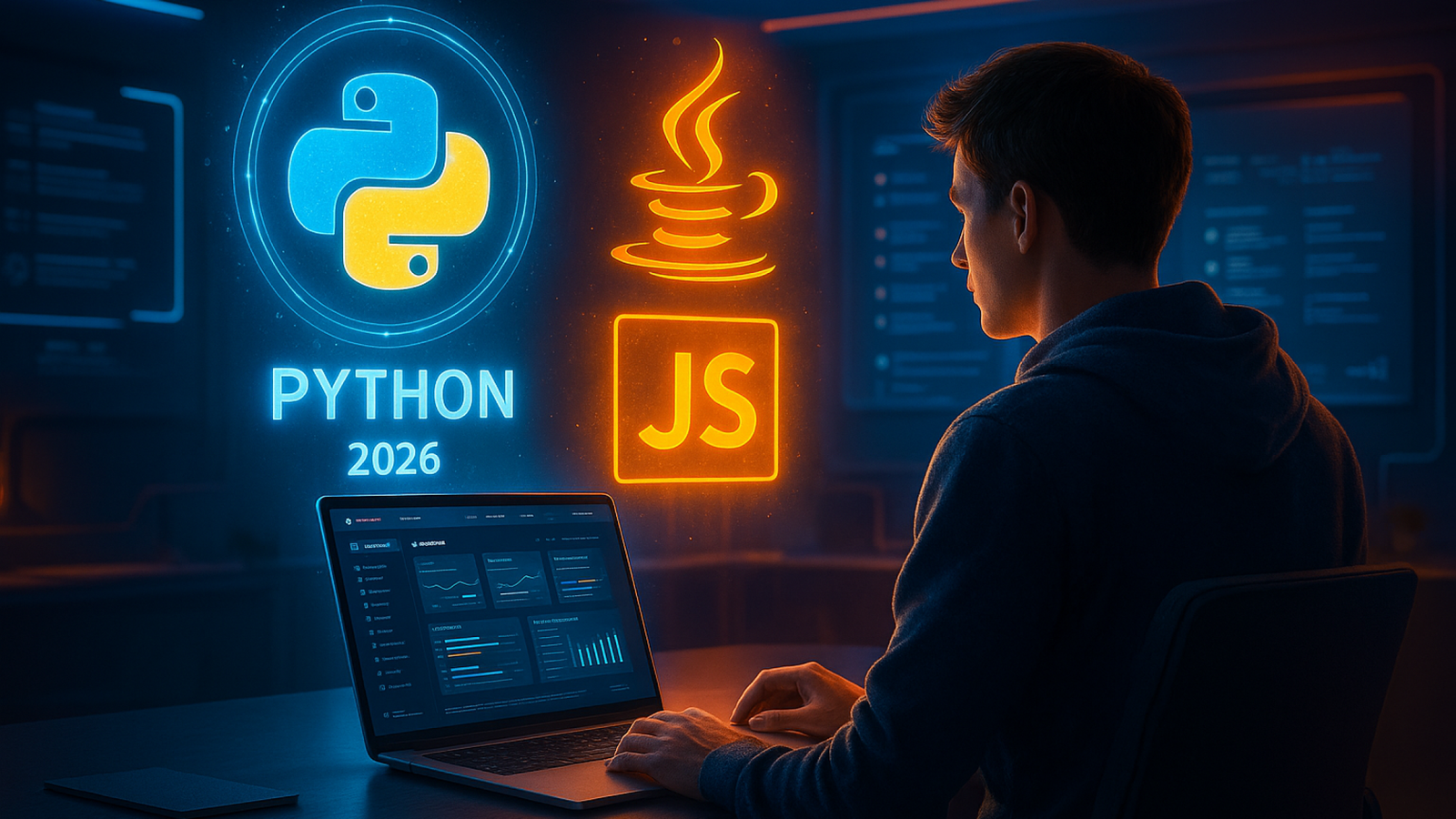 A futuristic 2026 digital workspace with a student choosing between Python, Java, and JavaScript holograms, representing the decision of which coding language is easiest to learn in 2026.