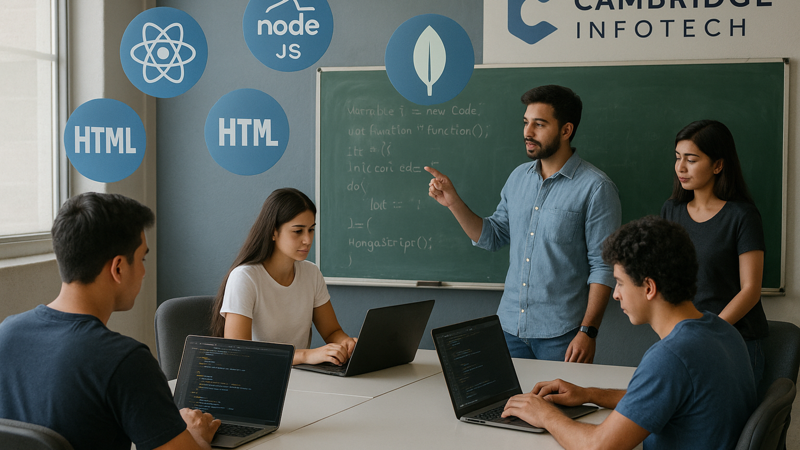 Students learning Full Stack Development in Kammanahalli with modern tools like React, Node.js, and MongoDB at Cambridge Infotech
