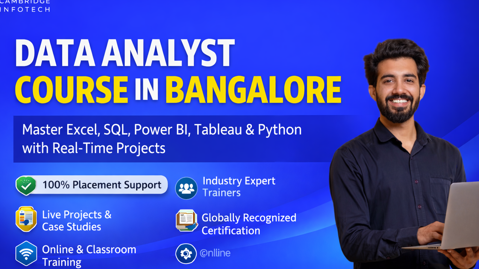 Data Analyst Course in Bangalore – professional training program banner showing Excel, SQL, Power BI, Tableau and Python skills with placement support and certification