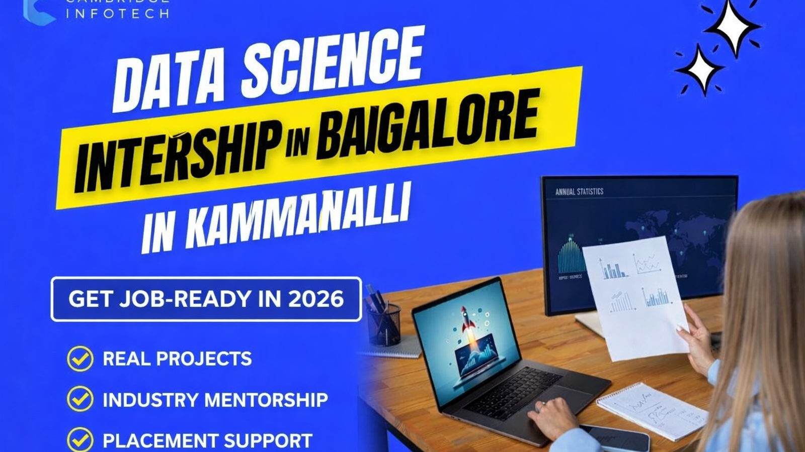 Data science internship in Bangalore at Cambridge Infotech with student working on laptop