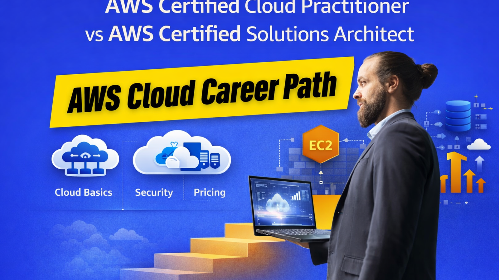 Featured image comparing AWS Certified Cloud Practitioner vs AWS Certified Solutions Architect with professional holding laptop and AWS cloud career graphics