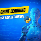 Machine learning course for beginners featured image showing AI robot holding Python logo with modern technology background