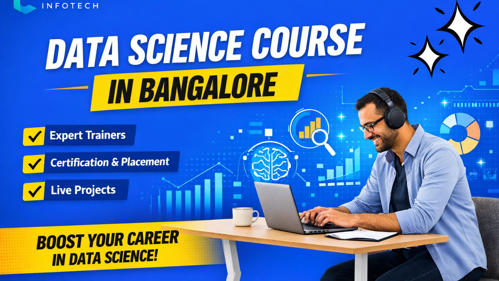 Data Science Course in Bangalore featured image showing professional training, AI and analytics graphics, placement support, and certification details