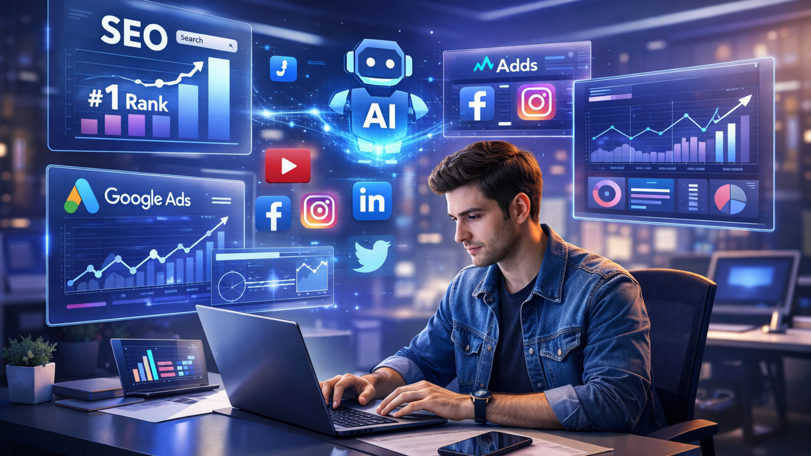 Digital Marketing Career Guide in 2026 showing SEO, paid ads, AI tools, analytics dashboards, and modern digital marketer workspace.