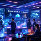 Generative AI for Business in 2026 showing futuristic office, AI automation, digital workforce, cloud computing, and business transformation.