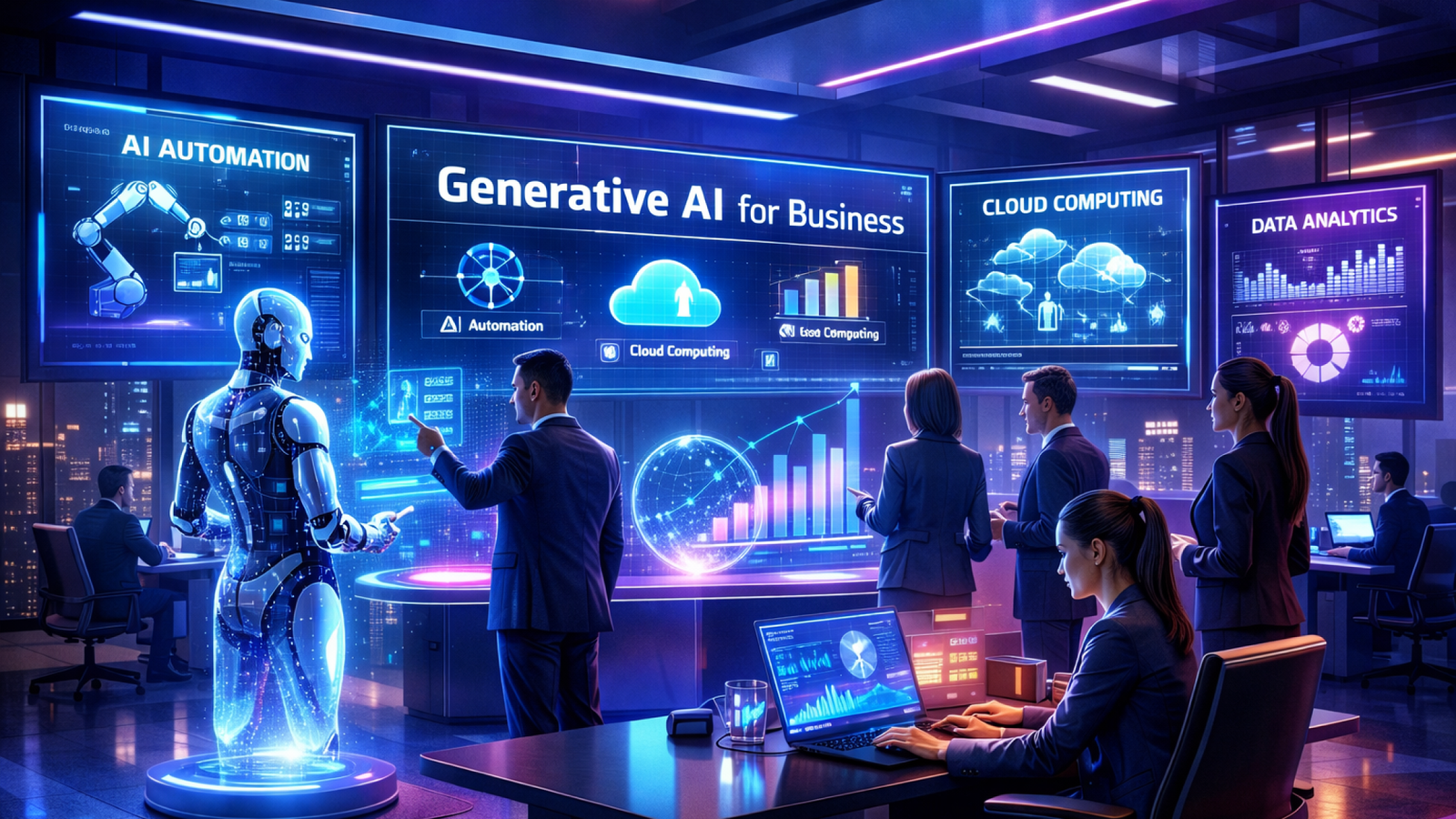 Generative AI for Business in 2026 showing futuristic office, AI automation, digital workforce, cloud computing, and business transformation.