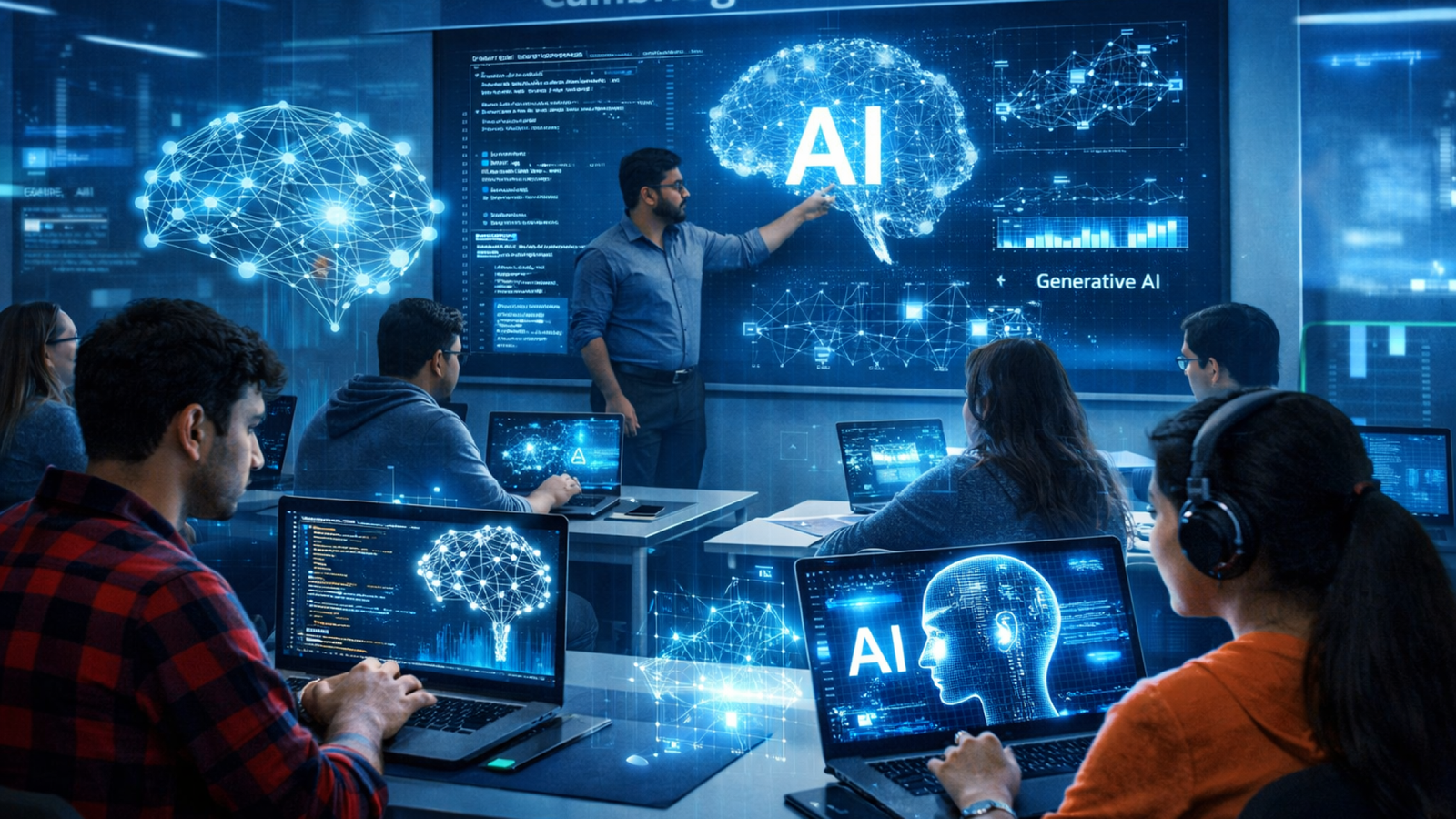 AI course in Bangalore classroom with students learning Artificial Intelligence, Machine Learning, and Generative AI using advanced computers and digital technology at Cambridge Infotech.