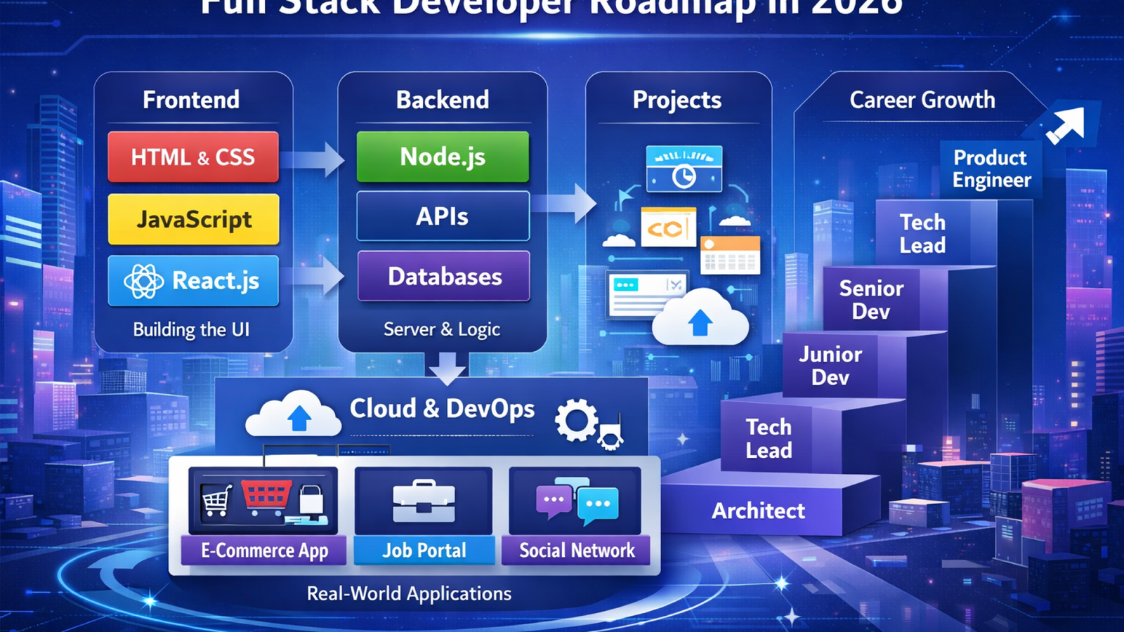 Full Stack Developer Roadmap in 2026 showing frontend, backend, databases, cloud deployment, projects, and career growth