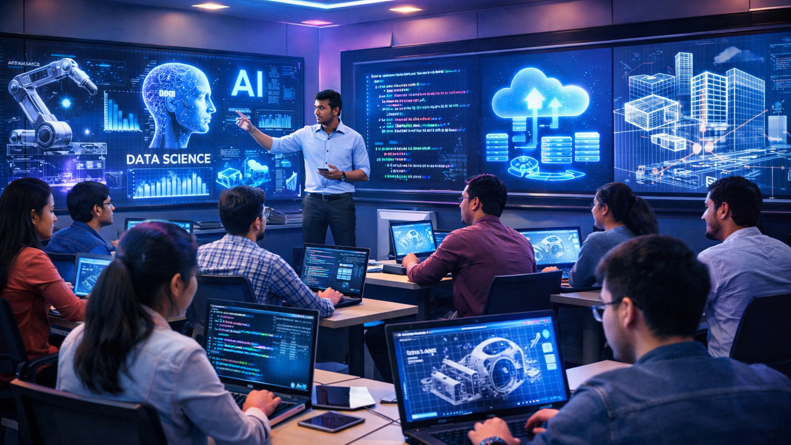 Engineering courses in Bangalore at Cambridge Infotech with students learning AI, Data Science, Software, Cloud and core engineering technologies in a modern training classroom.