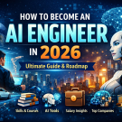 Illustration showing how to become an AI engineer in 2026 with AI tools, skills, salary insights, and top companies hiring AI engineers.