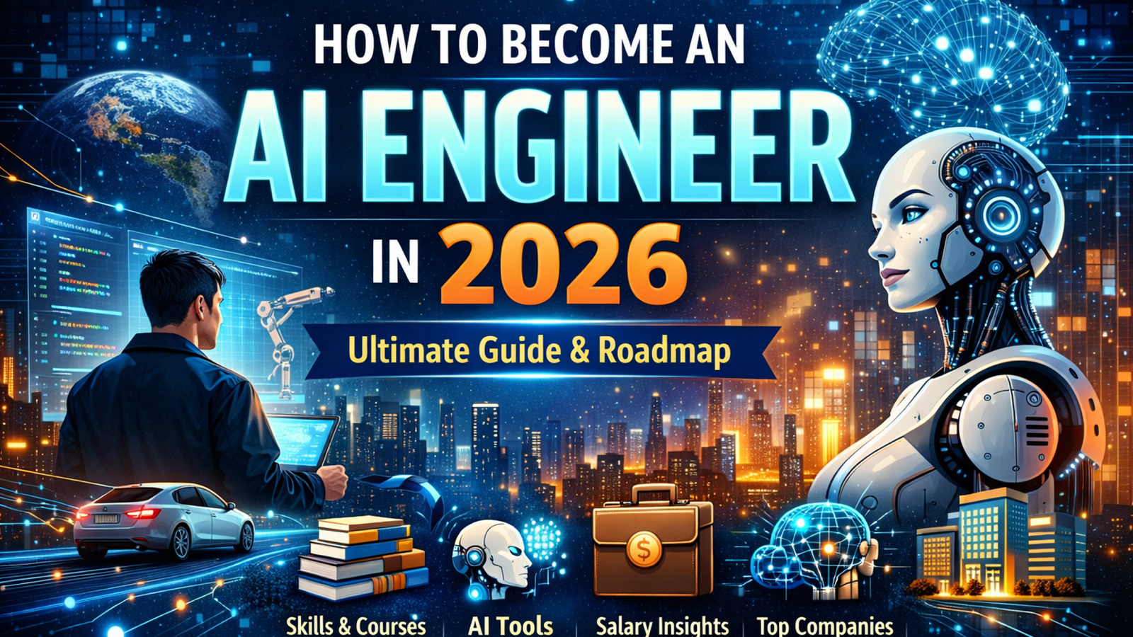 Illustration showing how to become an AI engineer in 2026 with AI tools, skills, salary insights, and top companies hiring AI engineers.