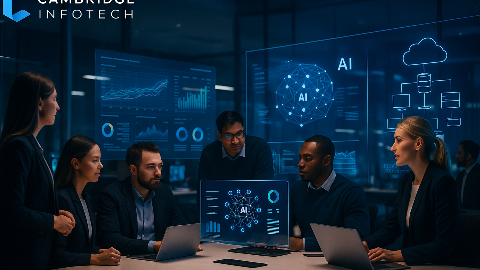 "Corporate office team collaborating using holographic AI and cloud data dashboards."