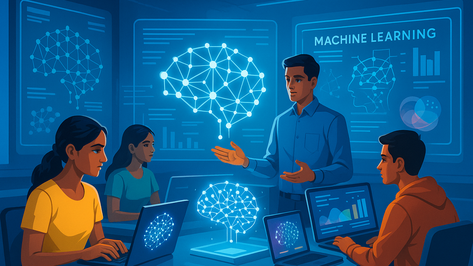 Indian students learning the Top AI Skills in 2026 using futuristic AI and ML tools.