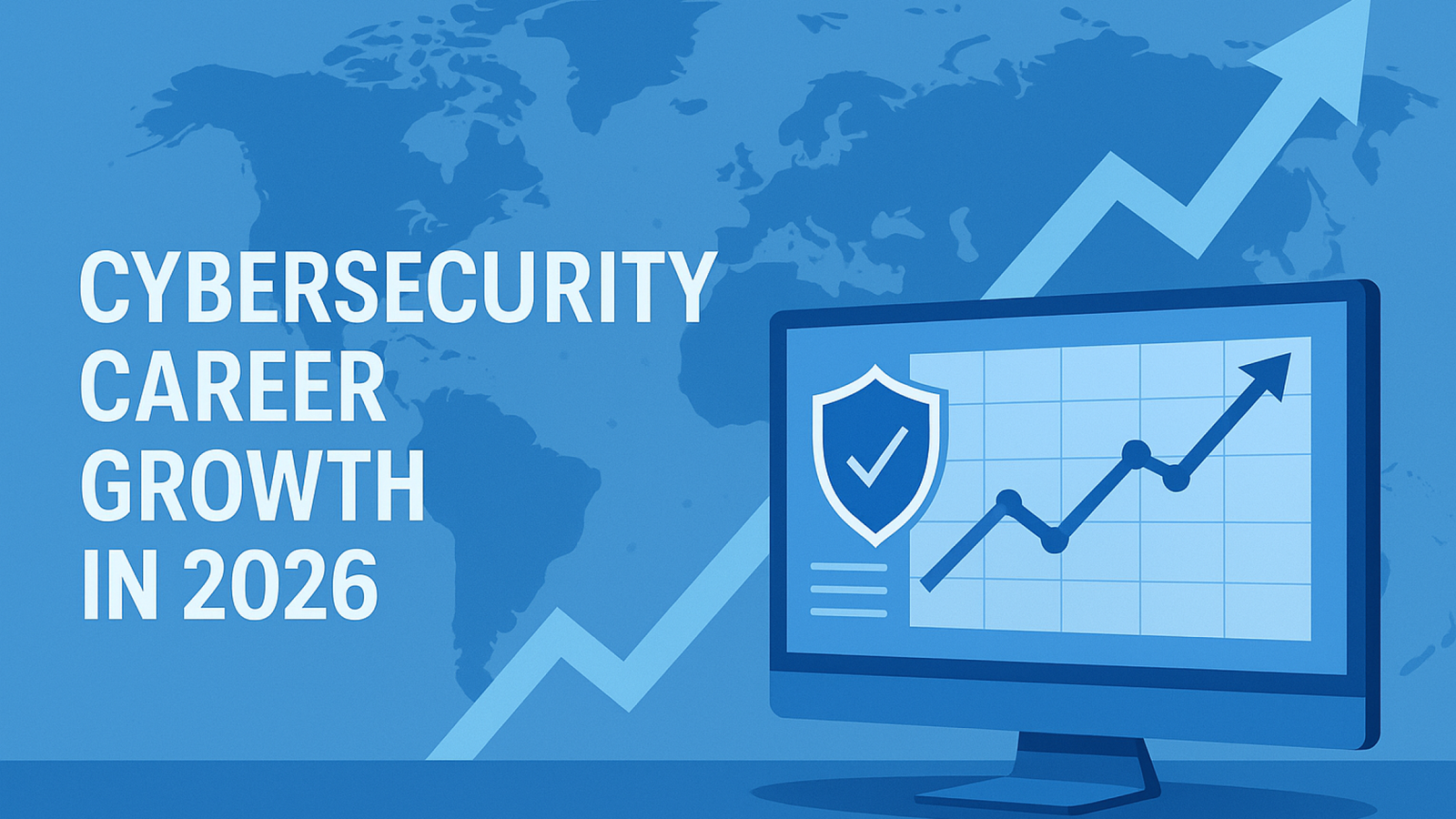 Featured image showing the growth of Cybersecurity Career in 2026 with upward graphs, shield icons, and global tech background.