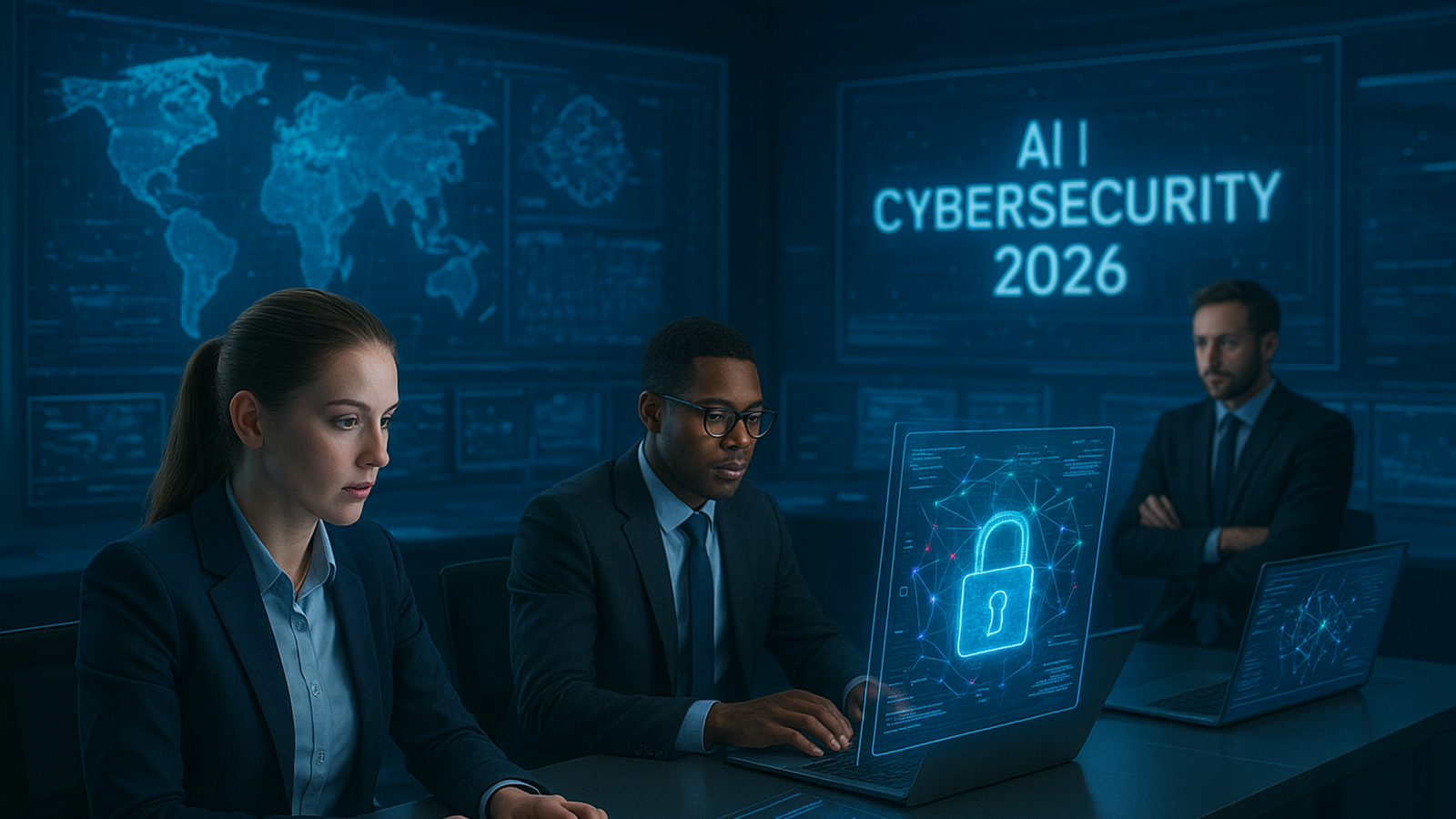 AI in Cybersecurity 2026 – Futuristic command center with AI analysts and digital threat intelligence holograms.
